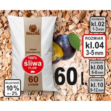 Zrębki Wędzarnicze Suche 100% ŚLIWA 15 kg/60 Litr, Kl 04 Atest GRILLPAL