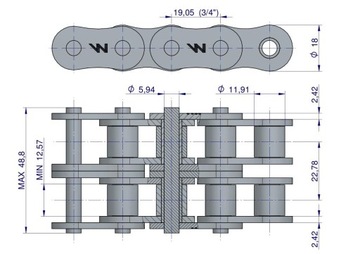 Усиленная роликовая цепь 12A-2 ANSI A 60 (R2 3/4) 5 м Waryński