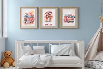 3 OBRAZKI DO POKOJU DZIECIĘCEGO A3 PLAKATY STRAŻ POŻARNA BOHO PREZENT IMIE