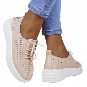 DAMSKIE PÓŁBUTY SNEAKERSY AŻUROWE ZE SKÓRY NA KOTURNIE RÓŻOWE PASTELOWE