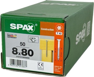 Wkręty uniwersalne do drewna 8 x 80mm SPAX WIROX BIT T-40 stożek 50szt