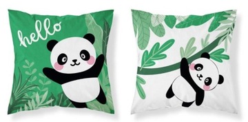 Poszewka bawełniana 40x40 Miś panda hello zielona dwustronna