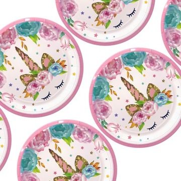 TALERZYKI papierowe 18cm JEDNOROŻEC RÓŻOWY UNICORN KWIATY 6 sztuk