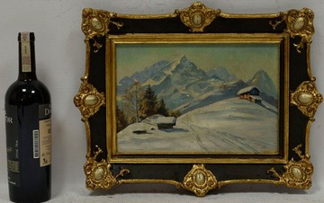 Старая картина Горный зимний пейзаж, подпись Масло 44x35см