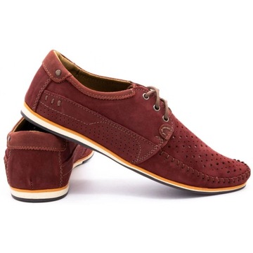Buty męskie skórzane mokasyny sznurowane na lato ażurowe 875L bordowe 45