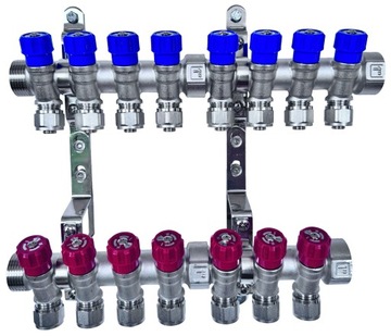 РАСПРЕДЕЛИТЕЛЬ X-HOME PEX 1” x 16 мм 8 КОНТУРОВ ХОЛОДНОЙ ВОДЫ 7 КОНТУРОВ ГОРЯЧЕЙ ВОДЫ