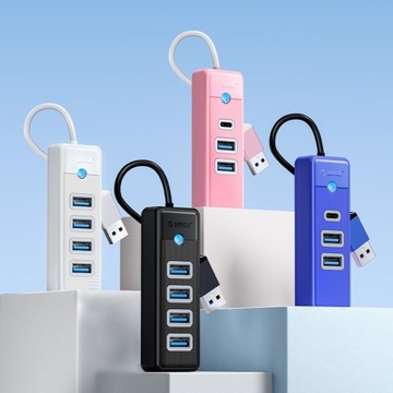 Orico Hub черный USB-A — 2x USB 3.1 + 1x USB-C, встроенный кабель 15 см