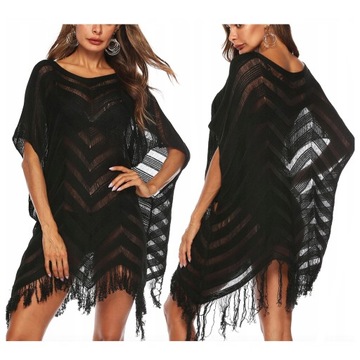 Czarne PAREO tunika plażowa LUŹNA sukienka BOHO