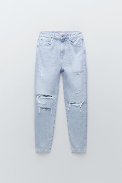 БРЮКИ ZARA MOM FIT, СИНИЕ, ДЫРКИ 36/S