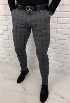 Szare eleganckie spodnie slim fit w krate 64G 38