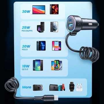 Быстрое автомобильное зарядное устройство Joyroom 3 в 1 с кабелем USB Type C 1,6 м, 60 Вт, чёрное