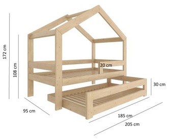 ŁÓŻKO DOMEK PODWÓJNE WYSUWANE PIĘTROWE 200X90 + BARIERKA + 2 STELAŻE W5