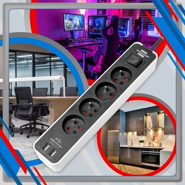 УДЛИНИТЕЛЬ ПИТАНИЯ 4 РАЗЪЕМА 2xUSB