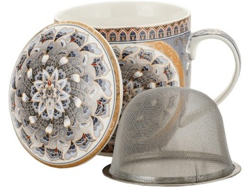 Porcelanowy Kubek 320 ml z Pokrywką i Zaparzaczem - KOLOROWA MANDALA