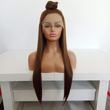 Peruka LACE FRONT jasny brąz jasno brązowa 40/55/80 cm + czepek GRATIS