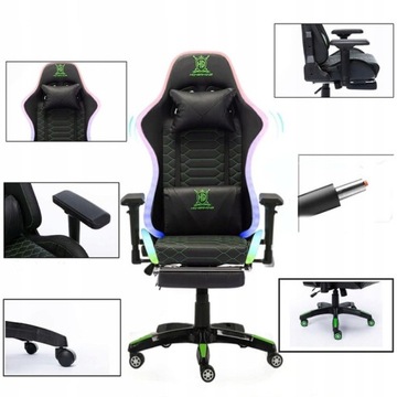 FOTEL GAMINGOWY DLA GRACZA OBROTOWY PODNÓŻEK PODUSZKI RGB LED + PILOT