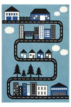 140x200 cm DYWAN DZIECIĘCY NIEBIESKI CZARNY DROGA ULICA DOMKI LUNA KIDS