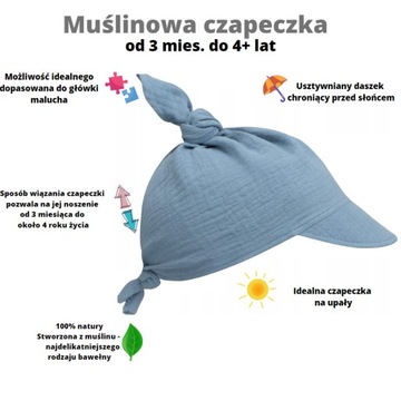 Czapka chusta chustka muślinowa z daszkiem niebieska jeans