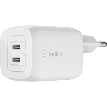 Настенное зарядное устройство Belkin GaN, 65 Вт, 2 порта USB-C PD PPS, белое, с быстрой зарядкой