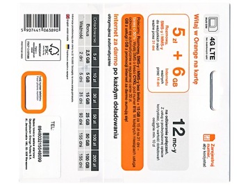 ORANGE Бесплатный стартовый пакет 5 злотых + 6 ГБ [10 шт.]