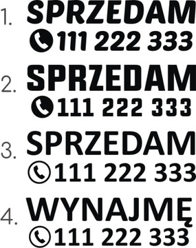 Naklejka na auto szybę SPRZEDAM + NUMER TELEFONU Wynajmę *WZORY *55cm