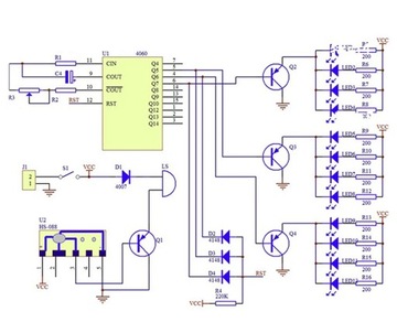 Pozytywka z efektem świetlnym 12 LED układ THT z SMD