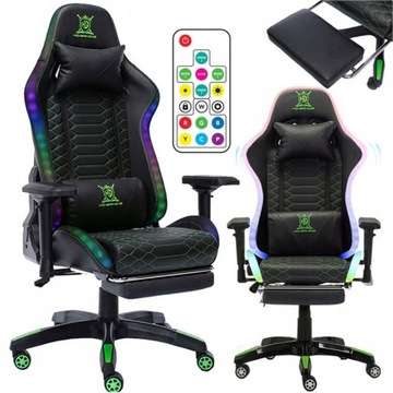 FOTEL GAMINGOWY DLA GRACZA OBROTOWY PODNÓŻEK PODUSZKI RGB LED + PILOT