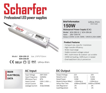 Zasilacz LED wodoodp. 6.25A 150W 24V IP67 Scharfer