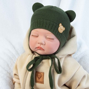 Czapka wiązana CZAPECZKA DLA NIEMOWLAKA zakrywa uszy PODSZEWKA khaki 40-42