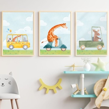 ZESTAW 3 PLAKATY OBRAZKI 30x40 ZWIERZĘTA AUTO BALON ŻYRAFA WZORY ZOO SAFARI