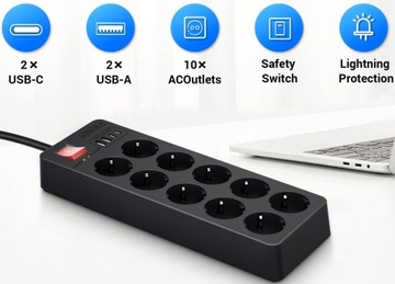 LISTWA ANTYPRZEPIĘCIOWA ZASILAJĄCA 14w1 4000 W ! OCHRONNA 10 GNIAZD + 4 USB