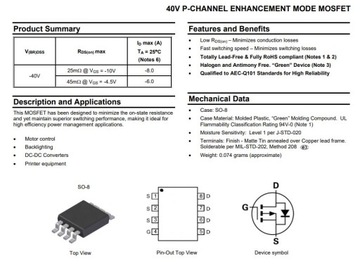 P-MOSFET транзистор 40В 6А 8-SOIC DMP4025LSS-13