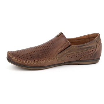 Buty męskie mokasyny skórzane wsuwane na lato ażurowe 0525 ciemny brąz 43