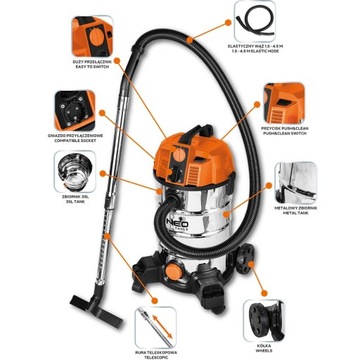 ПЫЛЕСОС 1600ВТ 35Л ДЛЯ ВЛАЖНОЙ И СУХОЙ ШТУКАТУРКИ + АКСЕССУАРЫ 04-739 NEO Tools