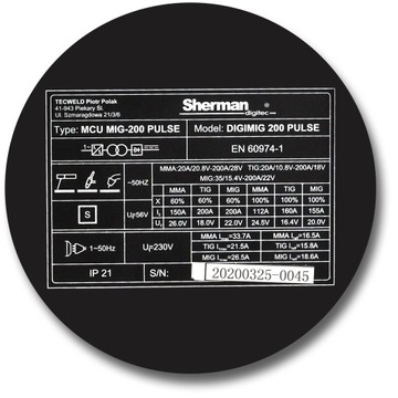 Комплект SHERMAN DIGIMIG 200 PULSE TIG MMA 230V