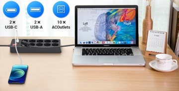 LISTWA ANTYPRZEPIĘCIOWA ZASILAJĄCA 14w1 4000 W ! OCHRONNA 10 GNIAZD + 4 USB