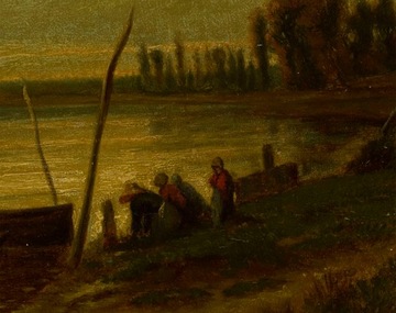 1876 ​​Старая картина Пейзаж с заливом и прачками, вывеска КПД Масло 53х39
