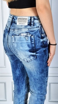 Spodnie Jeansy Wysoki Stan Jeansowe z Cekinami #