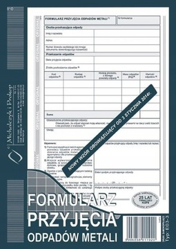 FORMULARZ PRZYJĘCIA ODPADÓW METALI 80 KARTEK DRUK