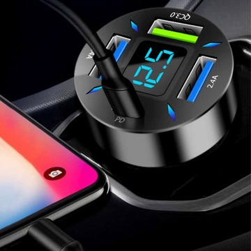ŁADOWARKA SAMOCHODOWA DO AUTA 3x USB QC USB-C 66W MOCNA SZYBKIE ŁADOWANIE