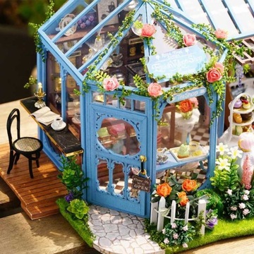 Miniaturowy domek DIY Różana herbaciarnia Ogród Kwiaty Słońce Oranżeria