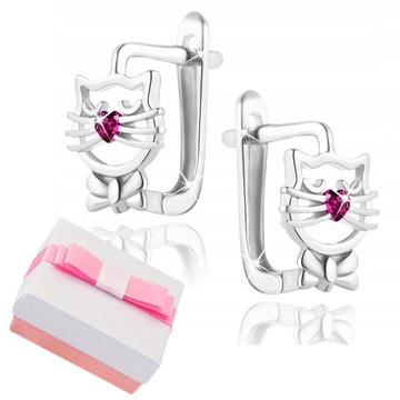 СЕРЕБРЯНЫЕ СЕРЬГИ 925 ПРОБЫ ДЛЯ ДЕВОЧКИ, КОШАЧЬЕ СЕРДЦЕ
