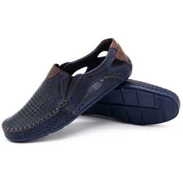 Buty męskie mokasyny skórzane na lato ażurowe POLSKIE 901 ciemny granat 40