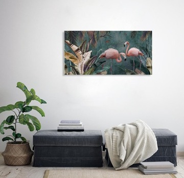 OBRAZ NA SZKLE flamingi liście bananowca palmy egzotyka szklany 120x60cm