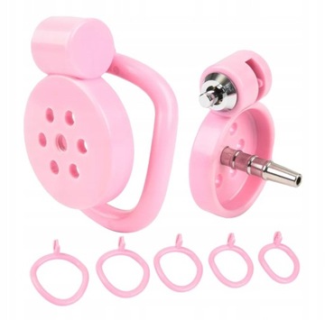 MAŁY RÓŻOWY PŁASKI PAS CNOTY CHASTITY CAGE 5 PIERŚCIENI + DILATOR