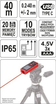 ЛАЗЕРНЫЙ ДАЛЬНОМЕР 40м YATO YT-73126 МЕТР