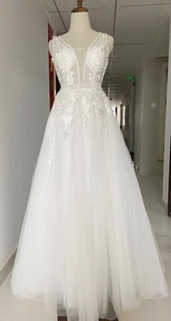 Suknia ślubna linia-A koraliki koronka krótki lekki tren 46W XXXL 16W