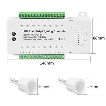 Лестничный контроллер 16 ступеней 12-24В 240Вт PIR детекторы