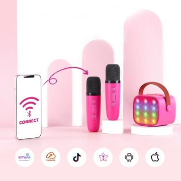 GŁOŚNIK BLUETOOTH PRZENOŚNY KARAOKE Z 2 MIKROFONAMI RÓŻOWY