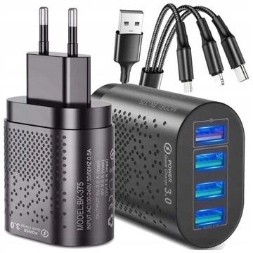 Быстрое настенное зарядное устройство, 4 кабеля USB QC 3.0 3в1